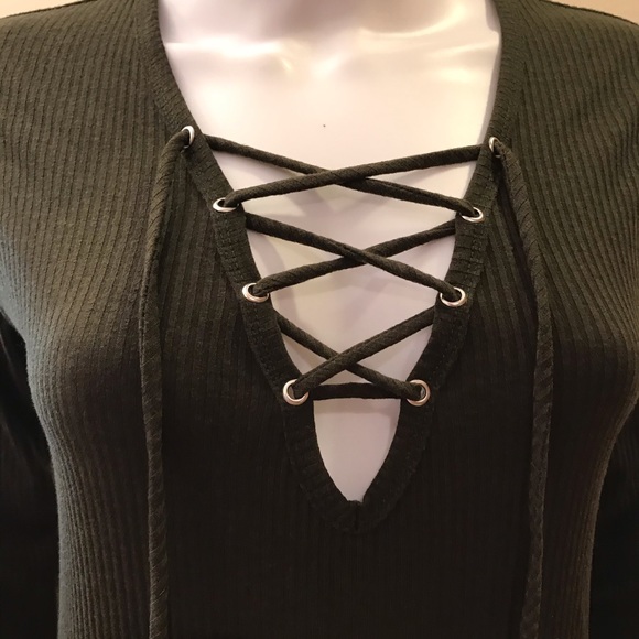 Forever 21 Olive Green Ribbed Mini Dress Lace Up Size Large - Picture 5 of 14